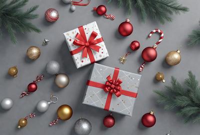 The primary subject of the image is a pair of red and white presents, which are the main objects in the scene. The presents are placed on a gray surface, which serves as the background. The visual style of the image is a combination of photo and digital art, creating a realistic yet artistic representation of the presents. The dominant colors in the image are red and white, giving the scene a warm and festive atmosphere.